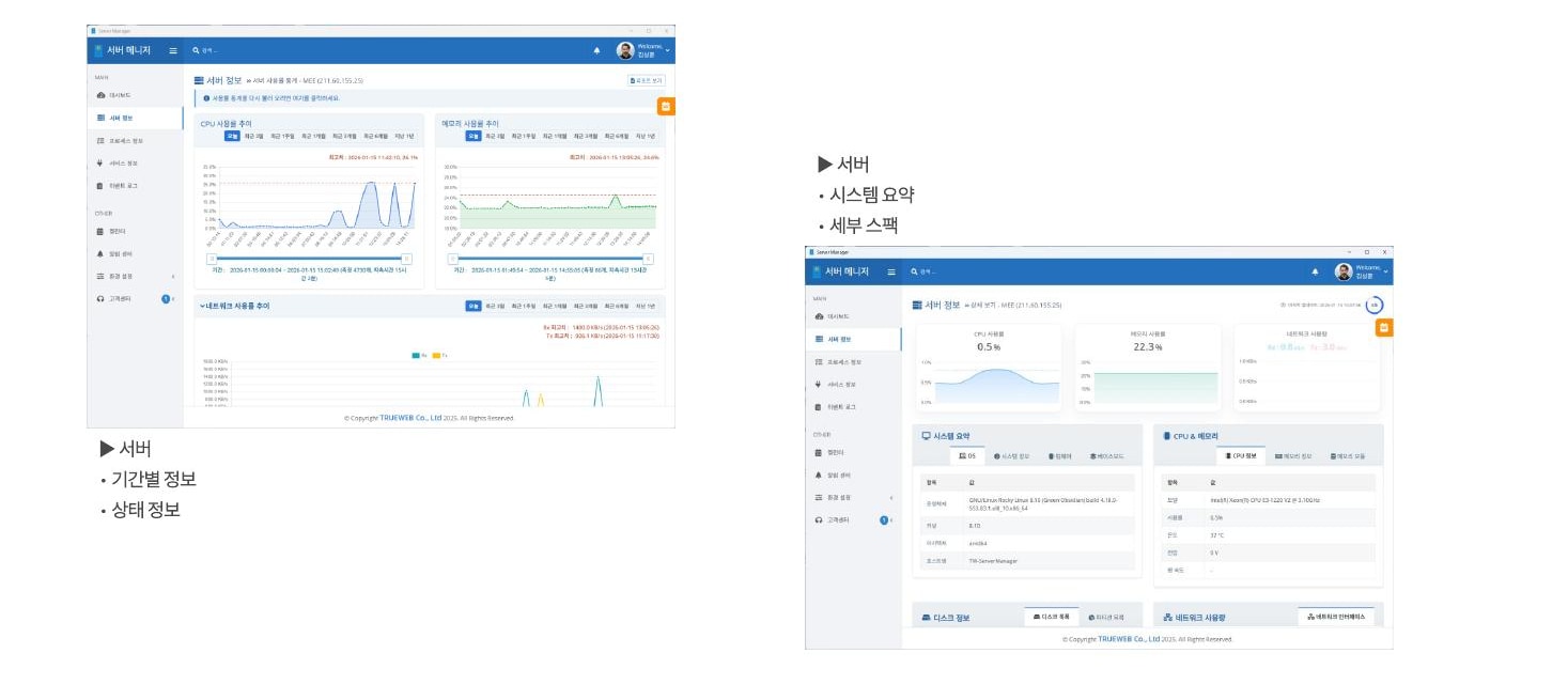 시스템 요약과 세부 사양 및 기간별 상태를 보여주는 서버 상세 화면